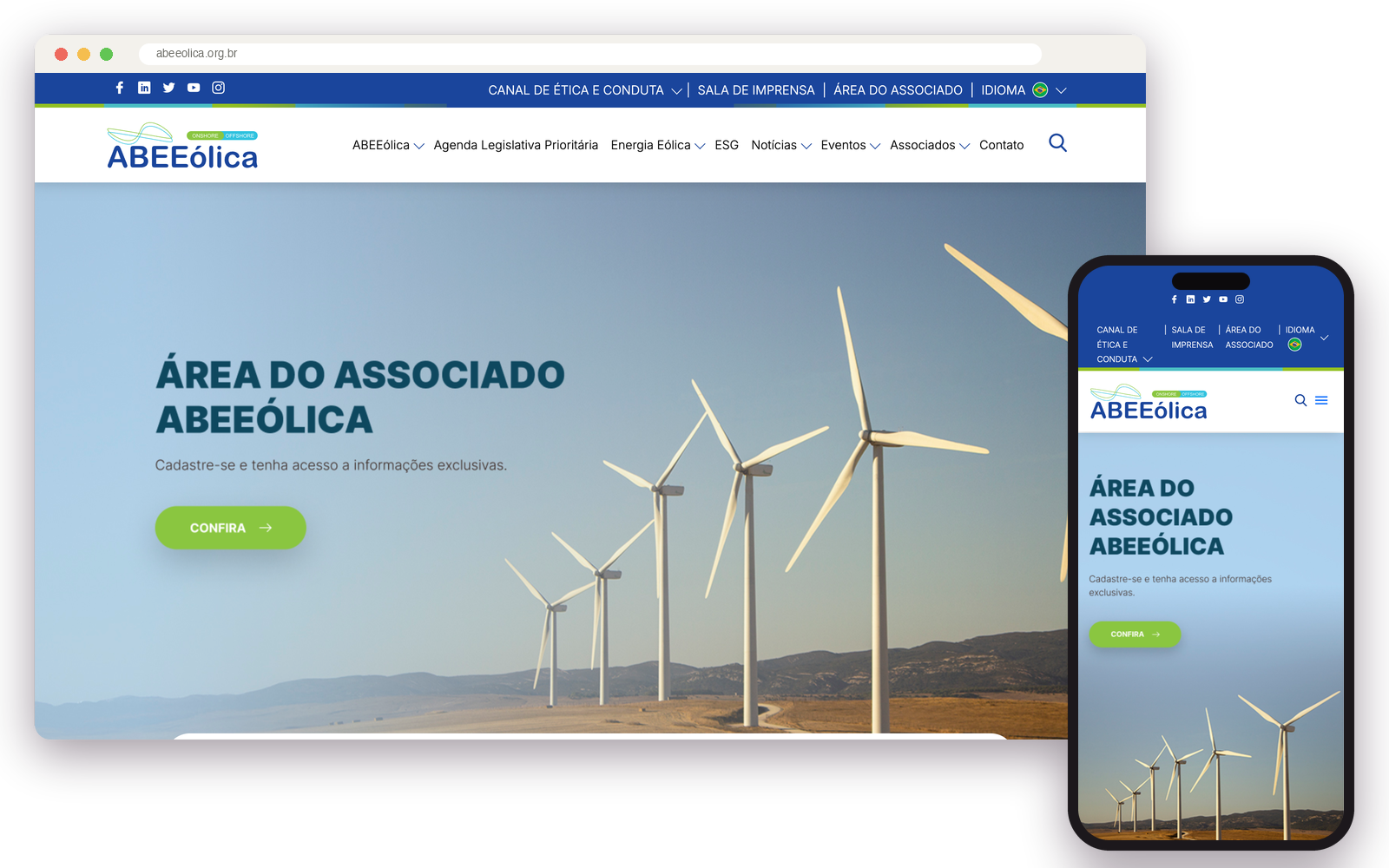 O site da ABEEólica no navegador e no celular