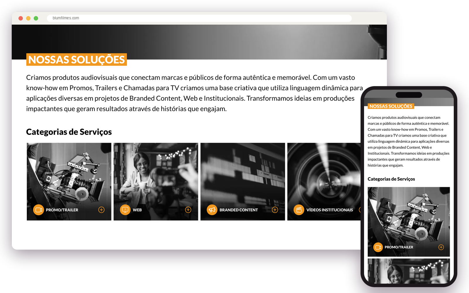 O site da Blum Filmes no navegador e no celular