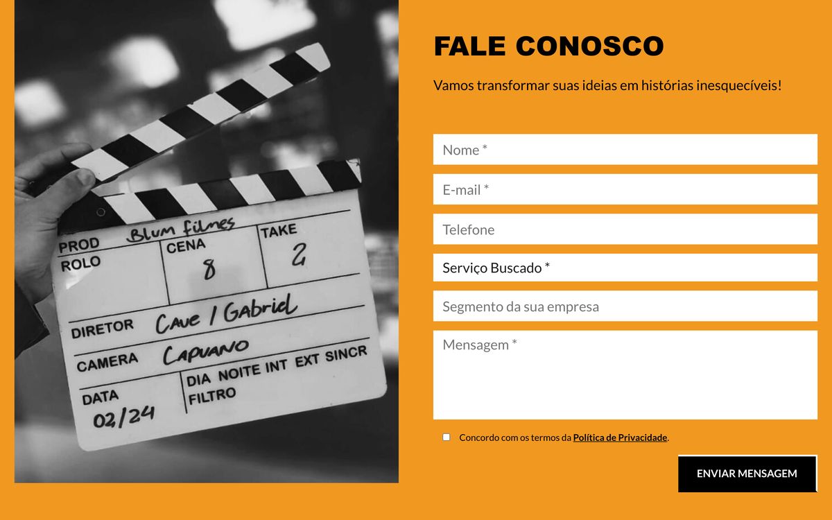 Seção Fale conosco do site da Blum Filmes, com o formulário e o campo Serviço buscado