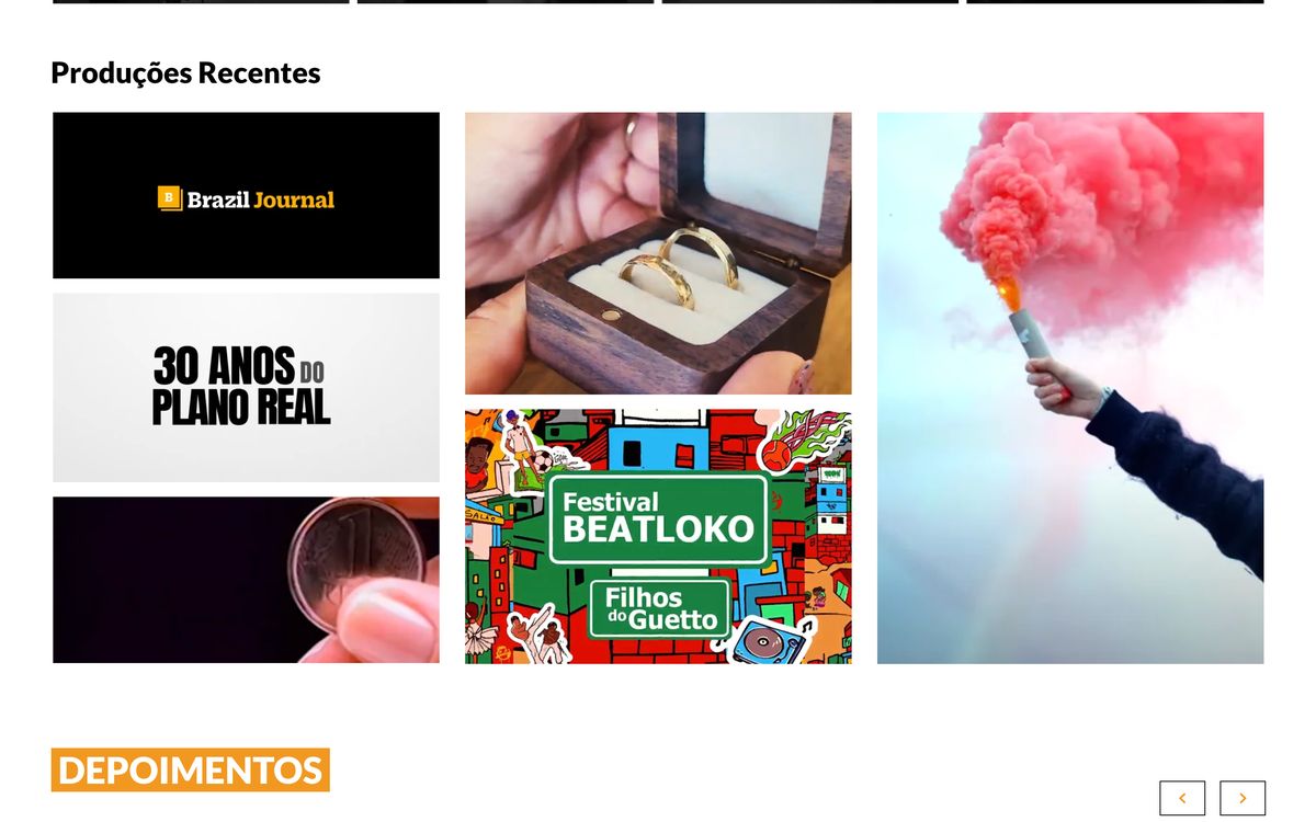 Seção Produções recentes do site da Blum Filmes, com as miniaturas dos vídeos