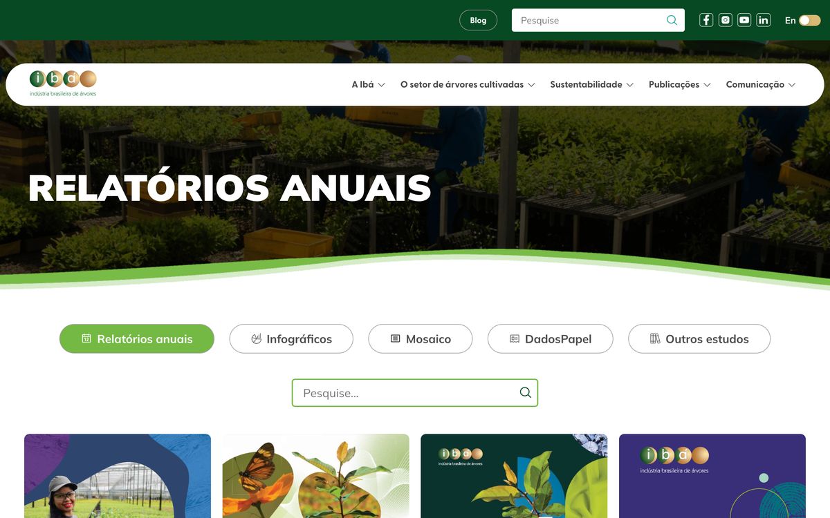 Página de relatórios anuais do site da Ibá, com abas para relatórios anuais, infográficos, Mosaico, DadosPapel e outros estudos, e um campo de busca
