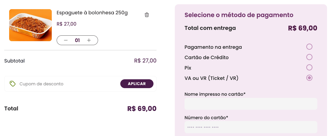 Tela de pagamento da loja nova da Jabuticaba, com quatro opções: pagamento na entrega, cartão de crédito, Pix e VA ou VR (Ticket / VR). A opção VA ou VR está selecionada.
