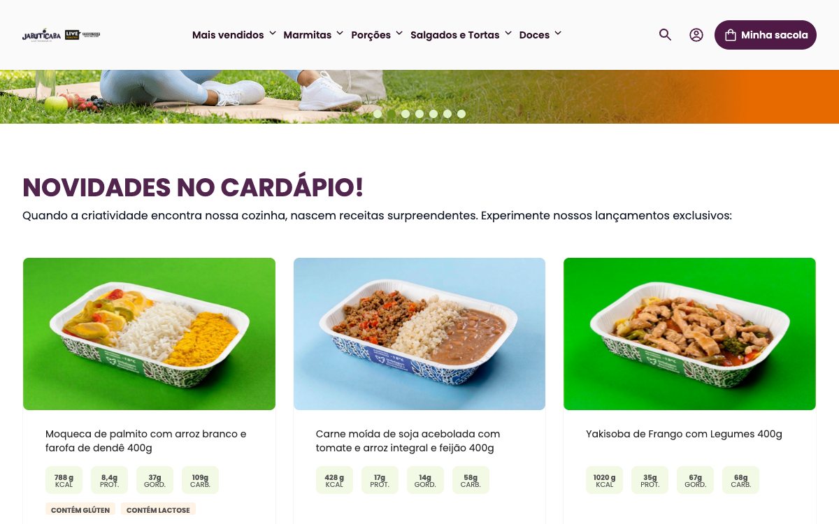 Capa da loja da Jabuticaba, com o menu de categorias, o botão da sacola e três pratos novos do cardápio