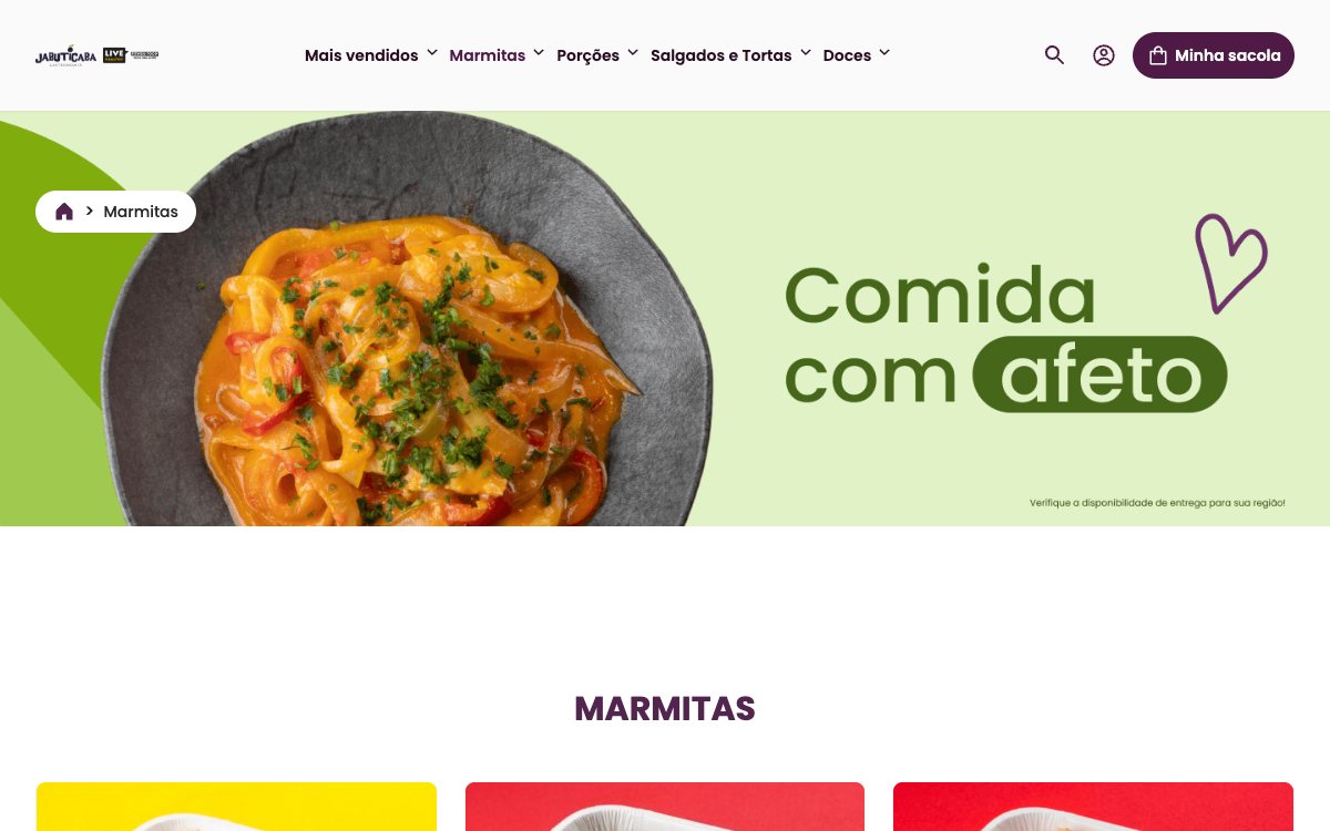 Página da categoria Marmitas na loja da Jabuticaba, com o menu de categorias, o botão da sacola e o banner da loja