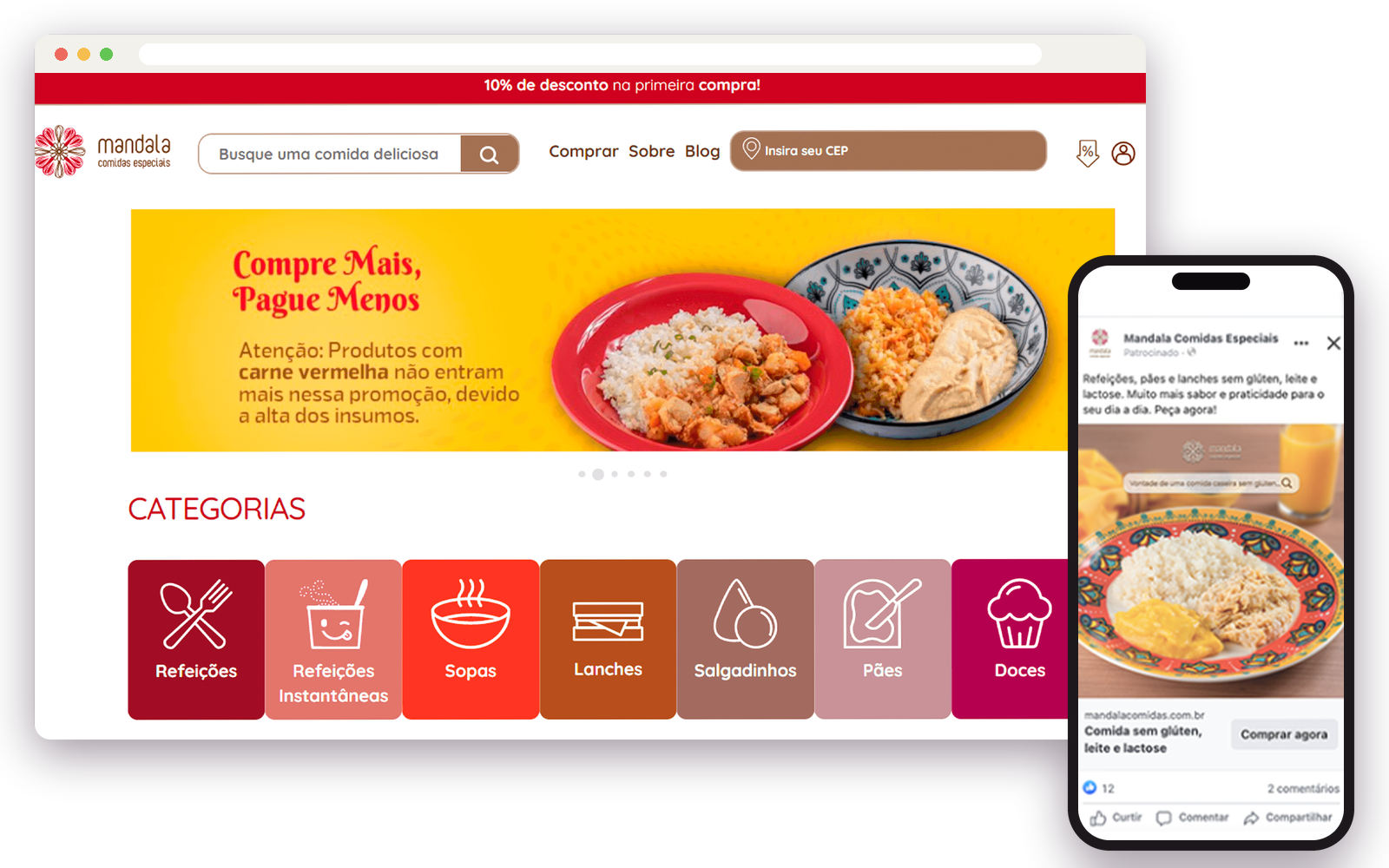 A loja virtual da Mandala Comidas Especiais na versão de 2021, no navegador, e um anúncio da Mandala no celular