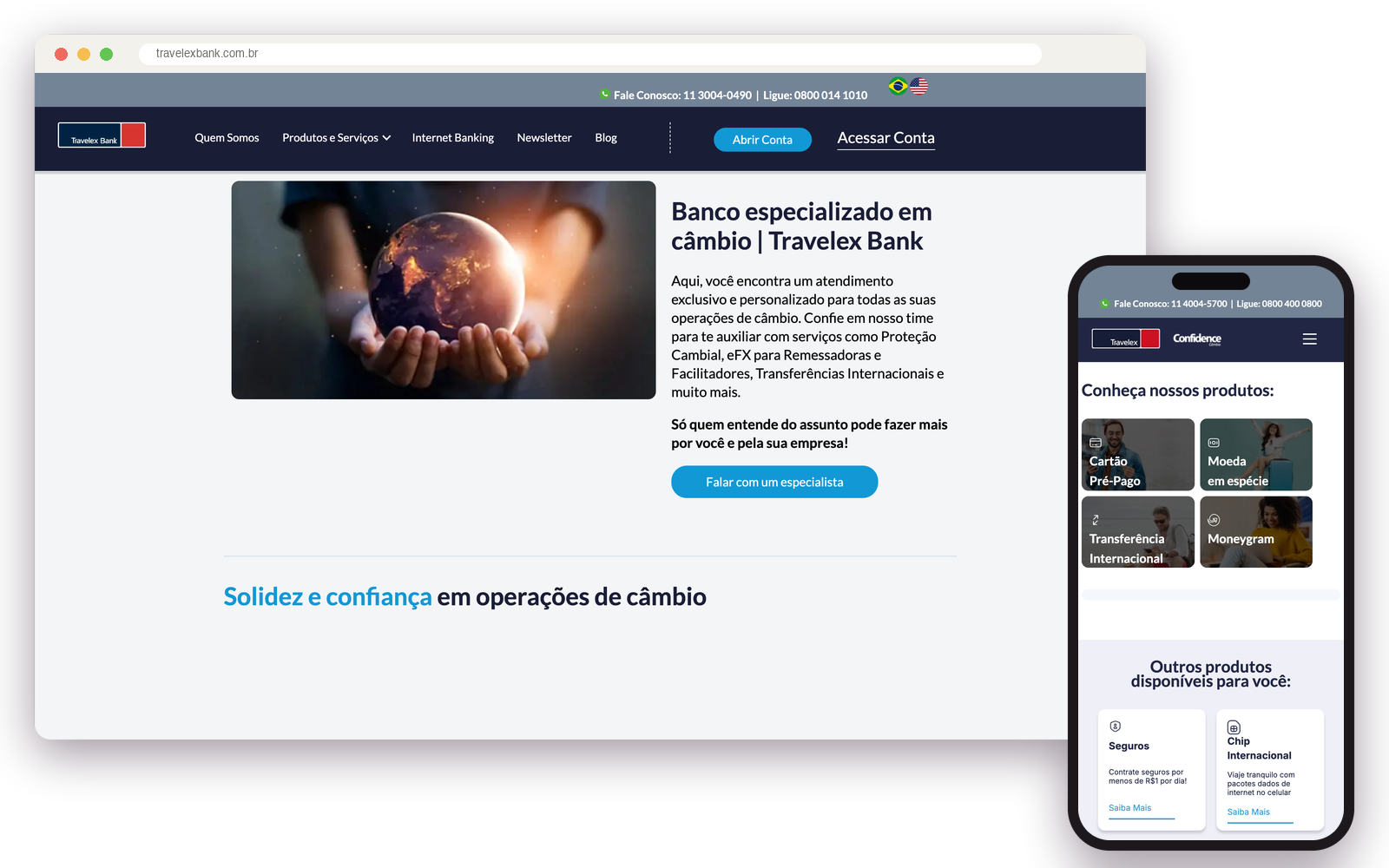 A home do Travelex Bank no navegador e a home da Travelex Confidence no celular, em 2026